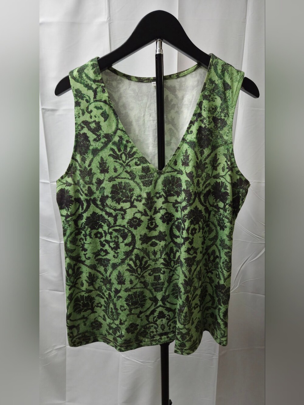 Green Black Damask Brocade Baroque V-Neck Tank Top Size M